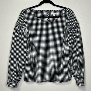 14th & Union Black White Gingham Plaid Blouse Balloon Ruffle Sleeve V-Neck Large